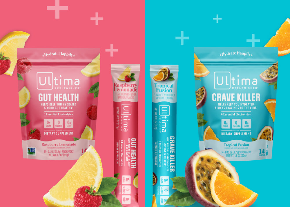 Ultima Replenisher Gut Health and Crave Killer electrolyte powder pouches.