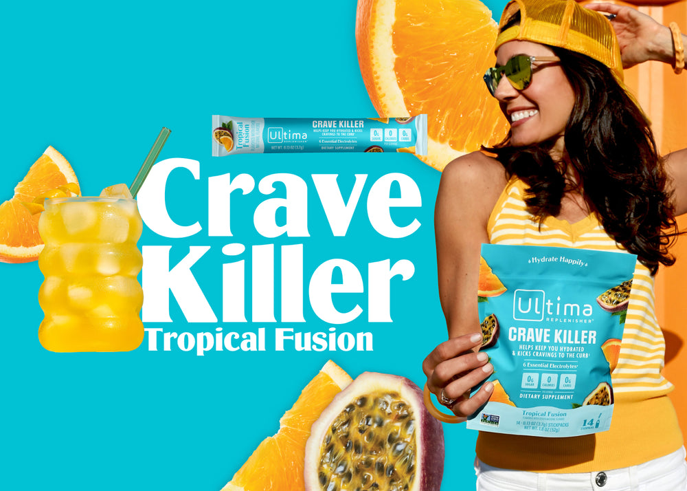 Ultima Replenisher Crave Killer tropical fusion flavored electrolyte drink pouch with brunette model on teal background