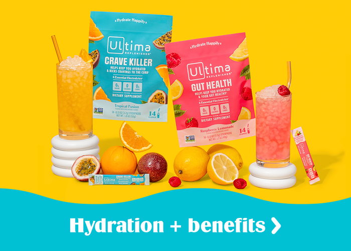 Ultima Replenisher Crave Killer and Gut Health electrolyte powder mix powder pouches with drinks on a yellow background. Hydration plus benefits