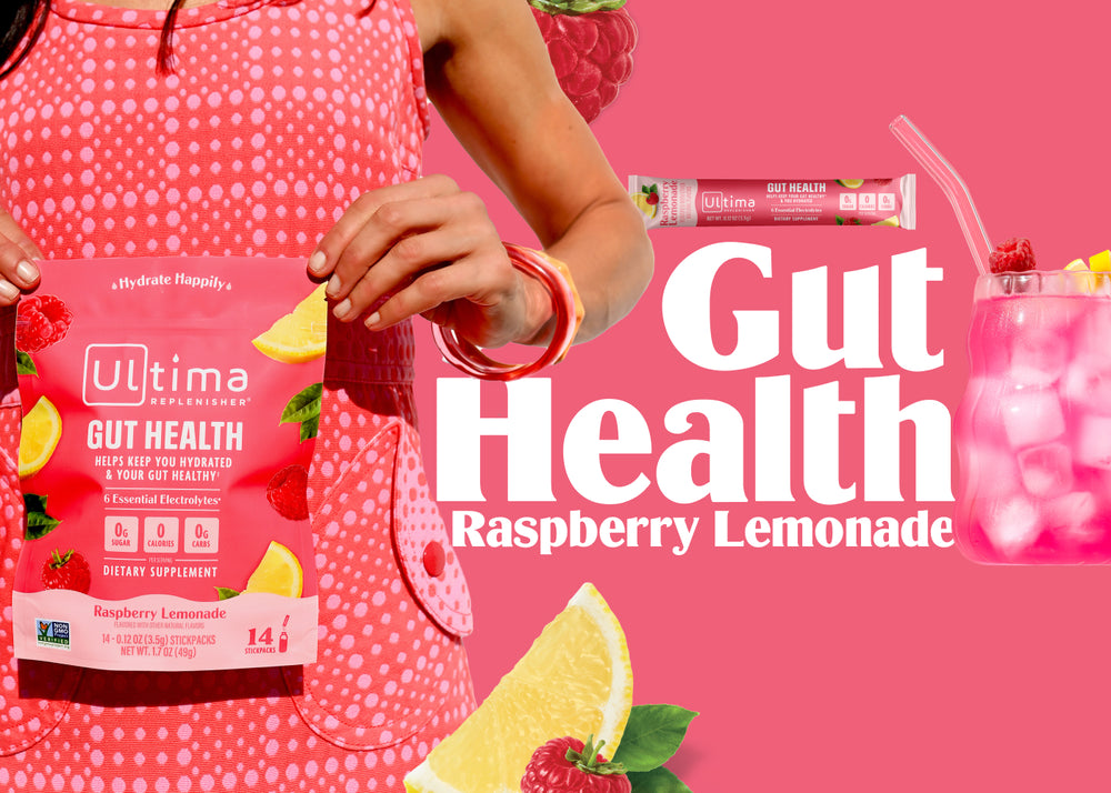 Ultima Replenisher Gut Health raspberry lemonade electrolyte drink pouch on pink background with one stickpack out of pouch.