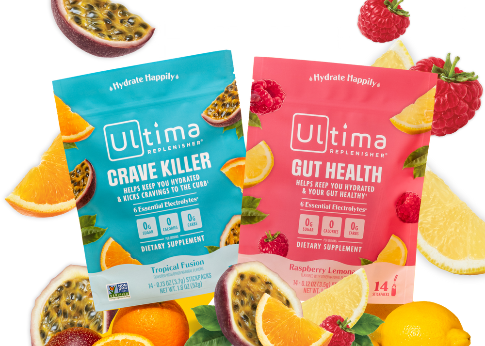 Ultima Replenisher Crave Killer and Gut Health electrolyte powder mix pouches with orange, passionfruit, raspberry, and lemon fruit.