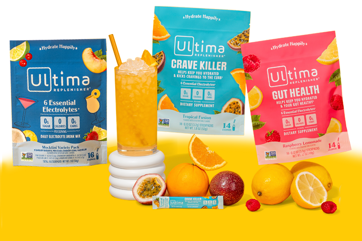 New Ultima Replenisher electrolyte powder mix pouches featuring Mocktail variety pack, Crave Killer, and Gut Health. 