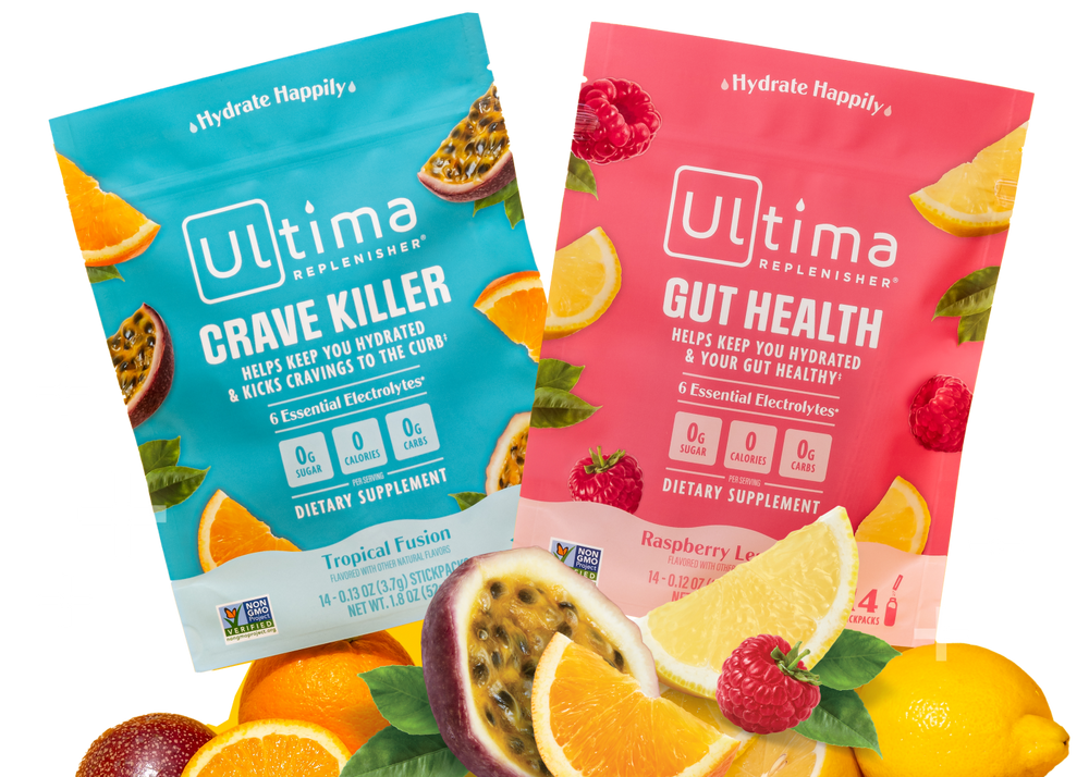 Ultima Replenisher Crave Killer and Gut Health electrolyte pouches with fruit