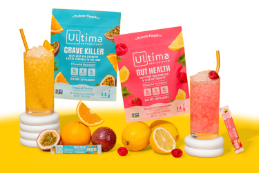 Ultima Replenisher Crave Killer and Gut Health electrolyte powder mix powder pouches with drinks in glasses.